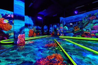 Neonis - 3D Blacklight Minigolf - The three zones: Aquarium, History of Hungary, Space